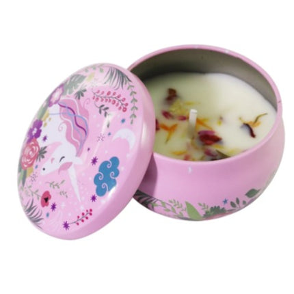 Pink floral votive tin soy candle with lid open