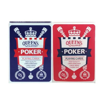 Two Queen’s Slipper Poker playing card decks in packs: blue and red designs