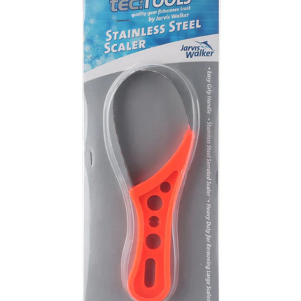 Stainless steel fish scaler with orange handle, blister-packaged for retail