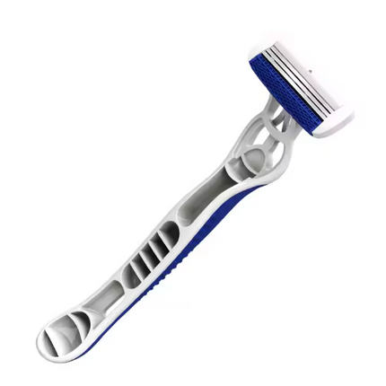 Angled view of disposable 3-blade razor with white handle and blue accents