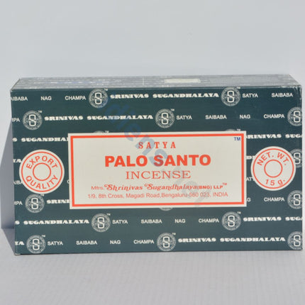 Satya Palo Santo incense box, red front label with net wt 15g and Satya logo