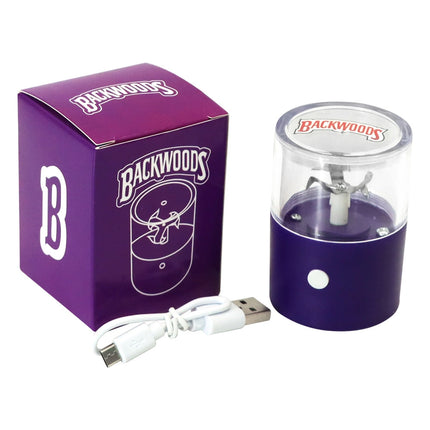 Purple electric herb grinder with clear lid and USB charging cable, brand logo visible