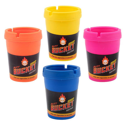 Removable-lid ashtray butt buckets in yellow, blue, pink, and orange with flame logo