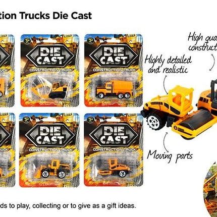 Die cast construction truck set: blister packs and yellow vehicles with moving parts
