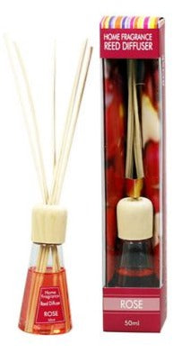 Rose 50ml reed diffuser with beige reeds and amber-red glass bottle