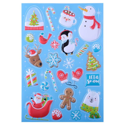 3D bubble Christmas sticker sheet with penguin, snowflakes, reindeer, and gingerbread