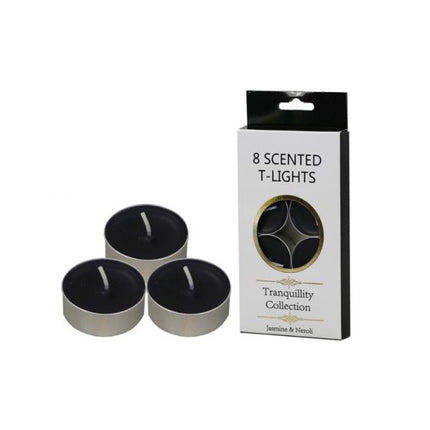 8-pack jasmine & neroli tealight candles, black wax, silver metal tins