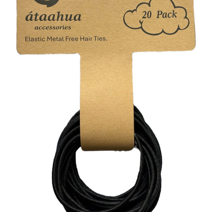 Black thin metal-free elastic hair ties, 20-pack on display card