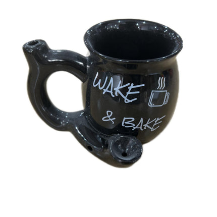 Black waterpipe-style mug with handle, 'WAKE & BAKE' text