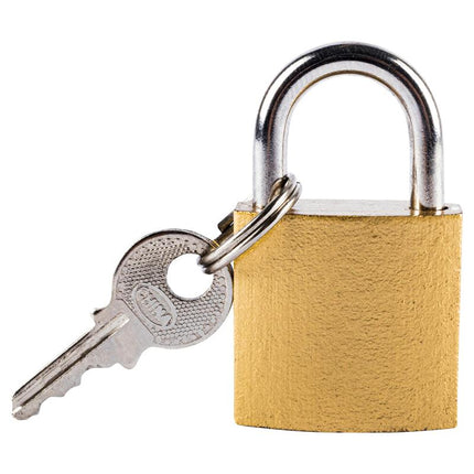 Brass padlock with chrome shackle and metal key ring