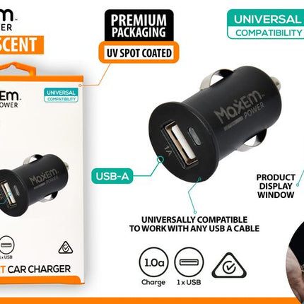 Black USB-A car charger with 1A output, retail box and product detail