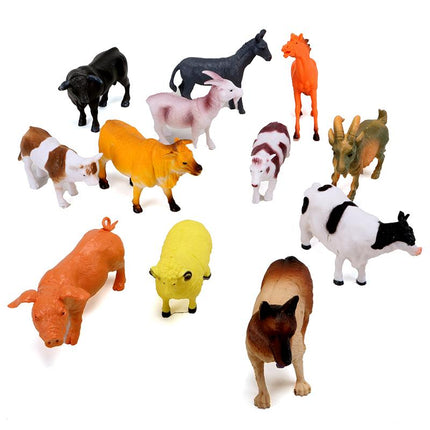 Assorted farm animal figurines, 12 miniature animals in various colors