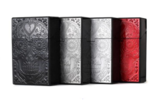 Skull-pattern plastic cigarette boxes set, including dark, light, and red styles