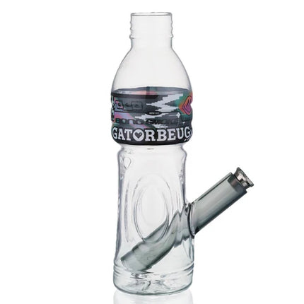 Clear plastic water bottle with Gatorbeug graphic and attached angled drinking spout