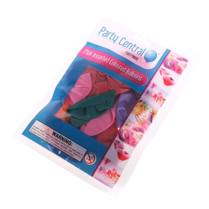 Assorted colored balloons 25-pack retail bag, showing pink, red, green, and purple balloons