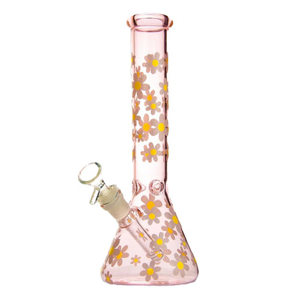 Pink daisy water beaker with yellow flower print, round base and flared lip