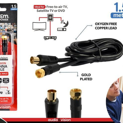 1.5 m television antenna cable with gold-plated F-type PAL male connectors