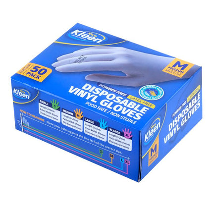 Powder-free disposable vinyl gloves box, light blue, medium (M), 50-count single use