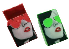 Plastic cigarette box set with ladies face design, red and green
