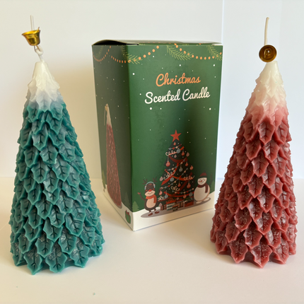 Blue-green and red Christmas tree scented candles, each in green gift box