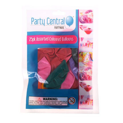Assorted colored balloons 25-pack in retail package, with pink, red, green, and purple balloons