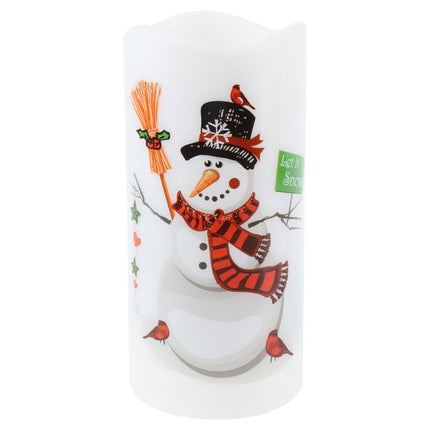 Rotating projector candle featuring snowman artwork in hat and scarf on translucent cylinder