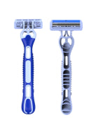 Two blue-and-white disposable 3-blade razors