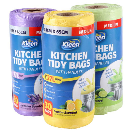 Kitchen tidy bin liner bags with handles, rolled in purple, yellow, and green packs