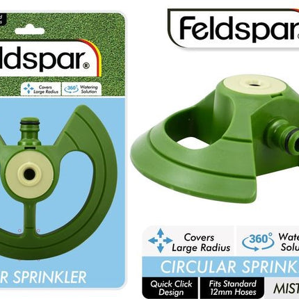 Green plastic circular sprinkler with mist spray nozzle and quick-click fitting