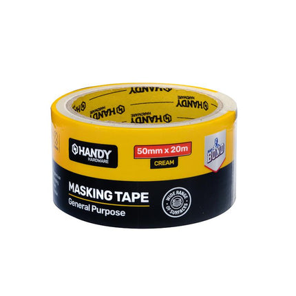 Masking tape roll labeled HANDY, general purpose, 50mm x 20m, cream