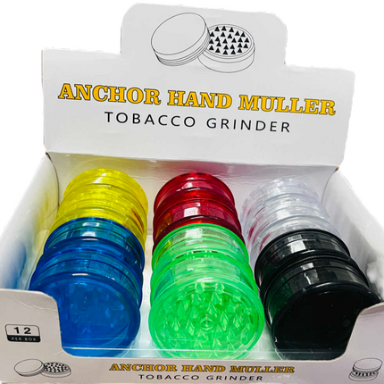 Anchor Hand Muller tobacco grinder display box with multiple colorful grinders