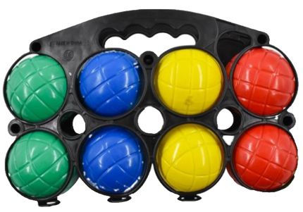 Boccia ball set with black rack, nine balls in green, blue, yellow, and red