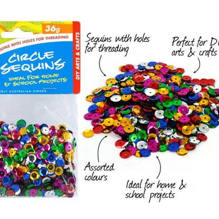 Assorted-color circle sequins shown in two clear bags, 36g