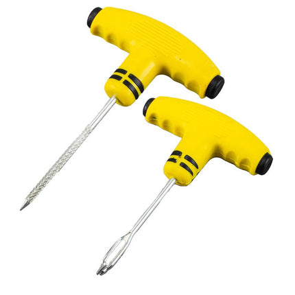 Tyre puncture repair tool set with two yellow handles and metal needles