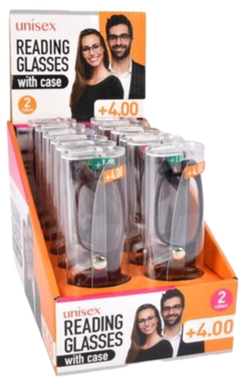 Unisex reading glasses set with case, clear lenses and dark frames in retail display
