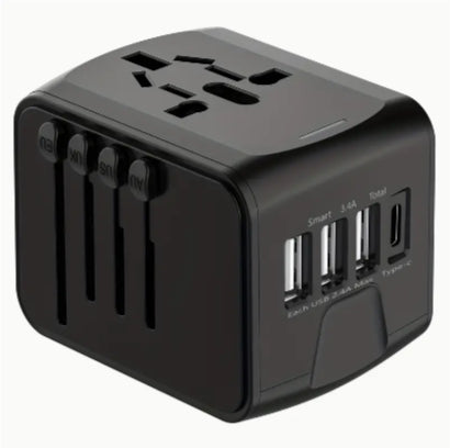 Black multi travel power adapter with multiple plug slots and USB ports