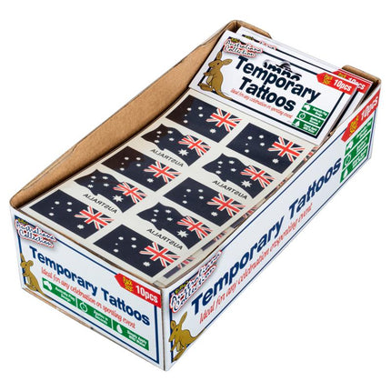 Temporary tattoos box displaying 10 Australian flag tattoo designs on a card