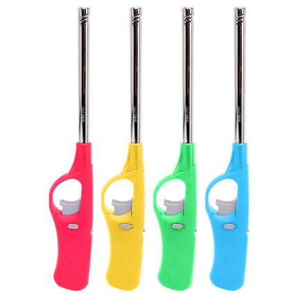 Long-reach refillable gas lighter set with red, yellow, green, and blue bodies