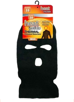 Heat insulated thermal balaclava with eye and mouth openings, black knit