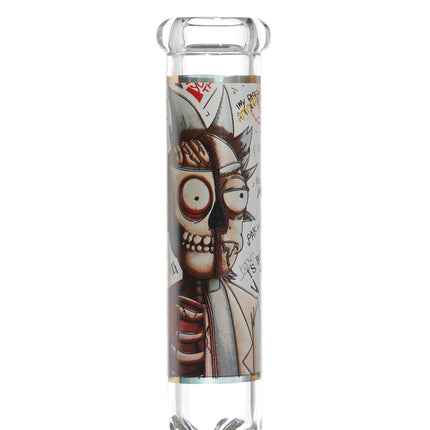 Clear glass water beaker with close-up cartoon face graphic and bold splatter