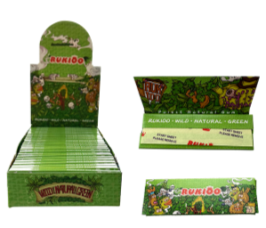 Green rolling paper display tray with attached packs, jungle illustration artwork