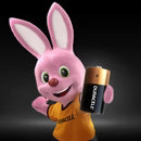 Duracell C alkaline battery held by a pink bunny mascot