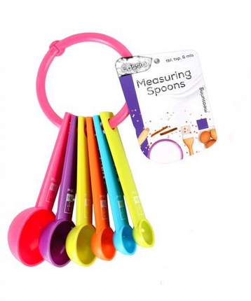 6-piece measuring spoon set with colorful plastic spoons and hanging ring handle