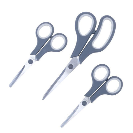 Three blue-handled scissors with silver, pointed blades
