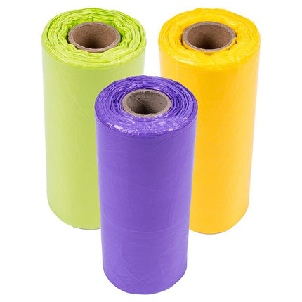 Bin liner rolls with handles: lime green, purple, and yellow rolls