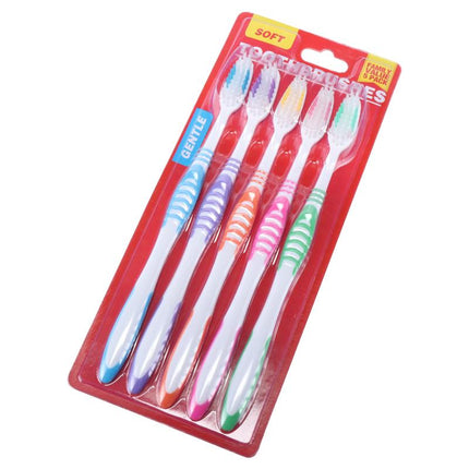 Curved soft-bristle toothbrush 5-pack in blister pack with mixed colorful handles