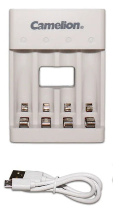 Camelion AA/AAA battery charger with four charging slots and USB cable