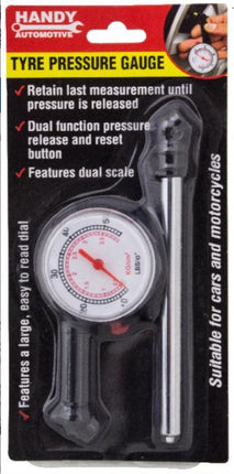 Analog tyre pressure gauge with round dial, black handle, and dual scale readout