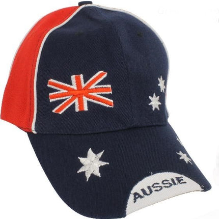 Adjustable navy baseball cap with red side panels, embroidered Aussie stars and logo