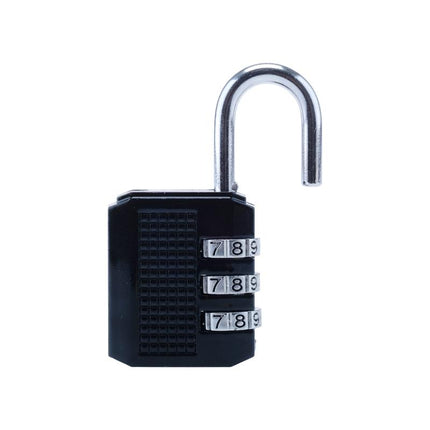 Black combination padlock with chrome shackle and 3-digit code wheels set to 7-8-9